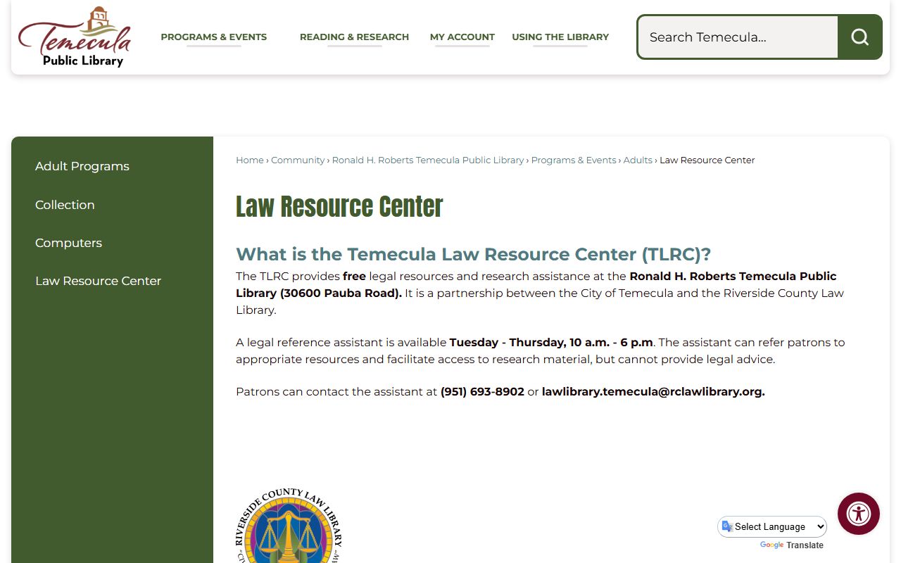 City of Temecula Law Resource Center page