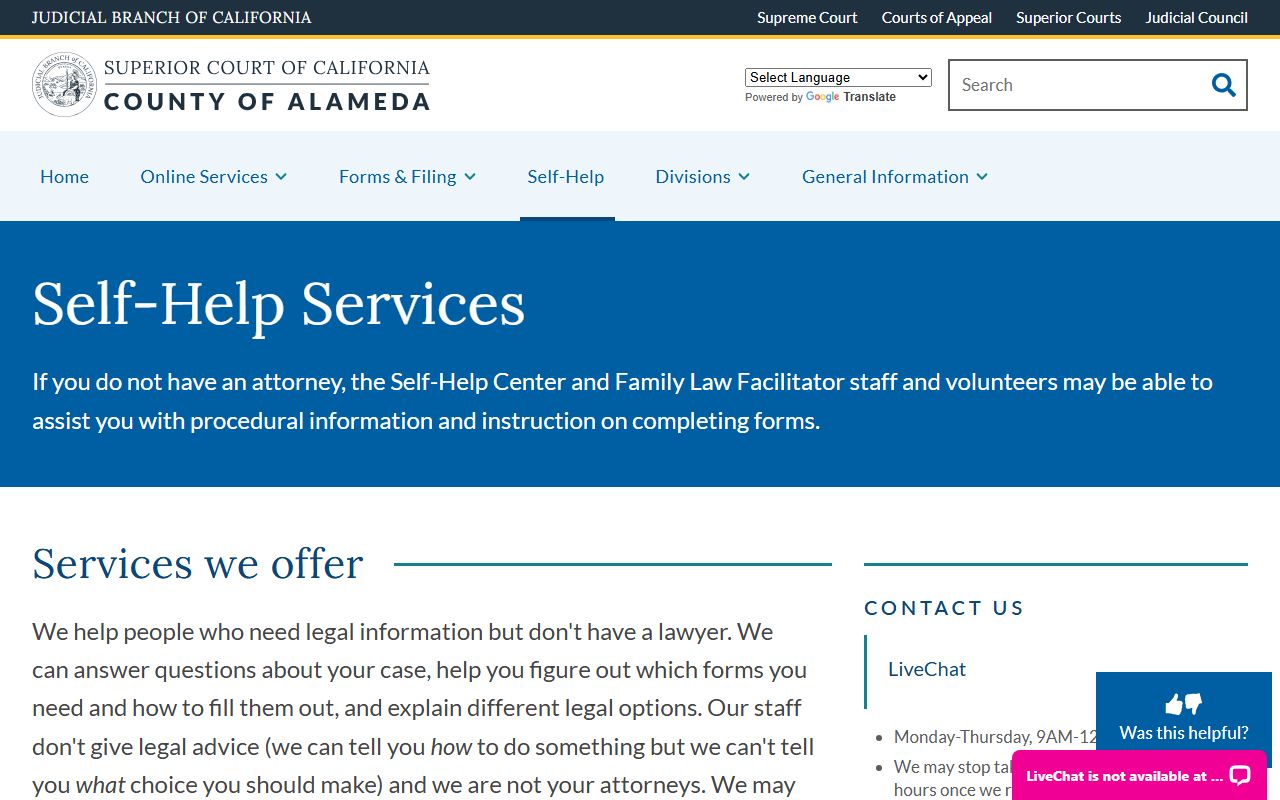 Alameda County self-help center page