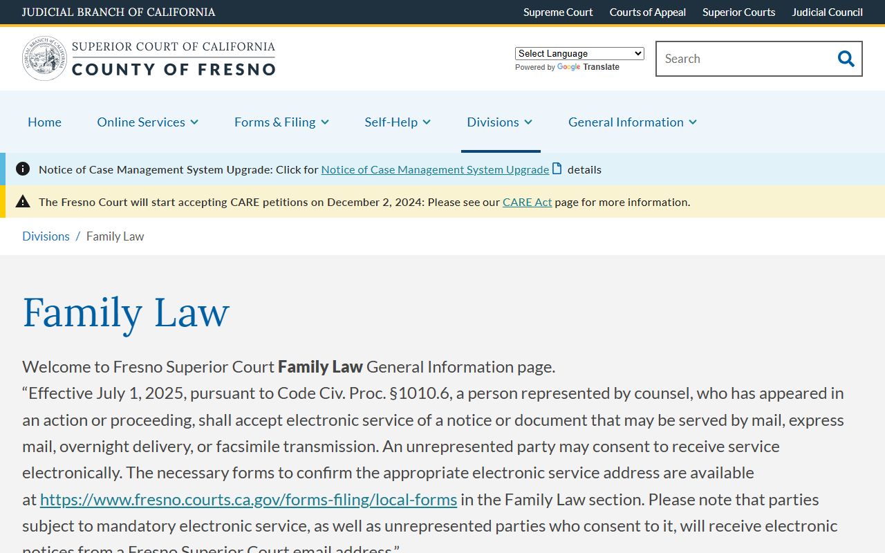 Fresno County Superior Court family law division page