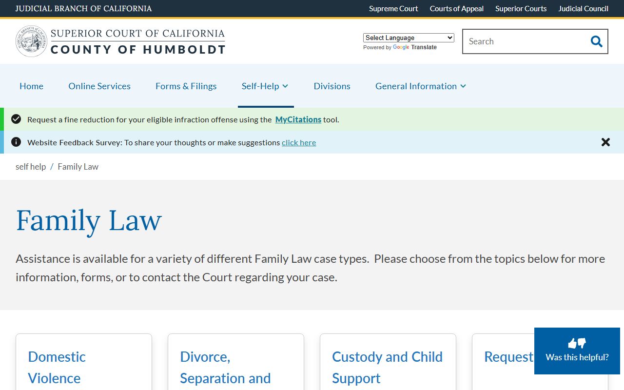Humboldt County Superior Court family law self-help page