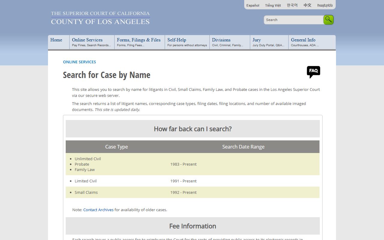 Los Angeles Superior Court case name search portal