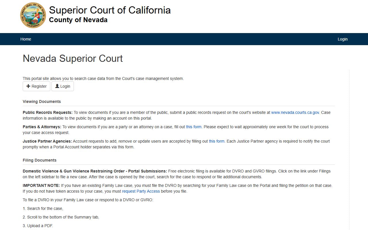 Nevada County Superior Court online case portal