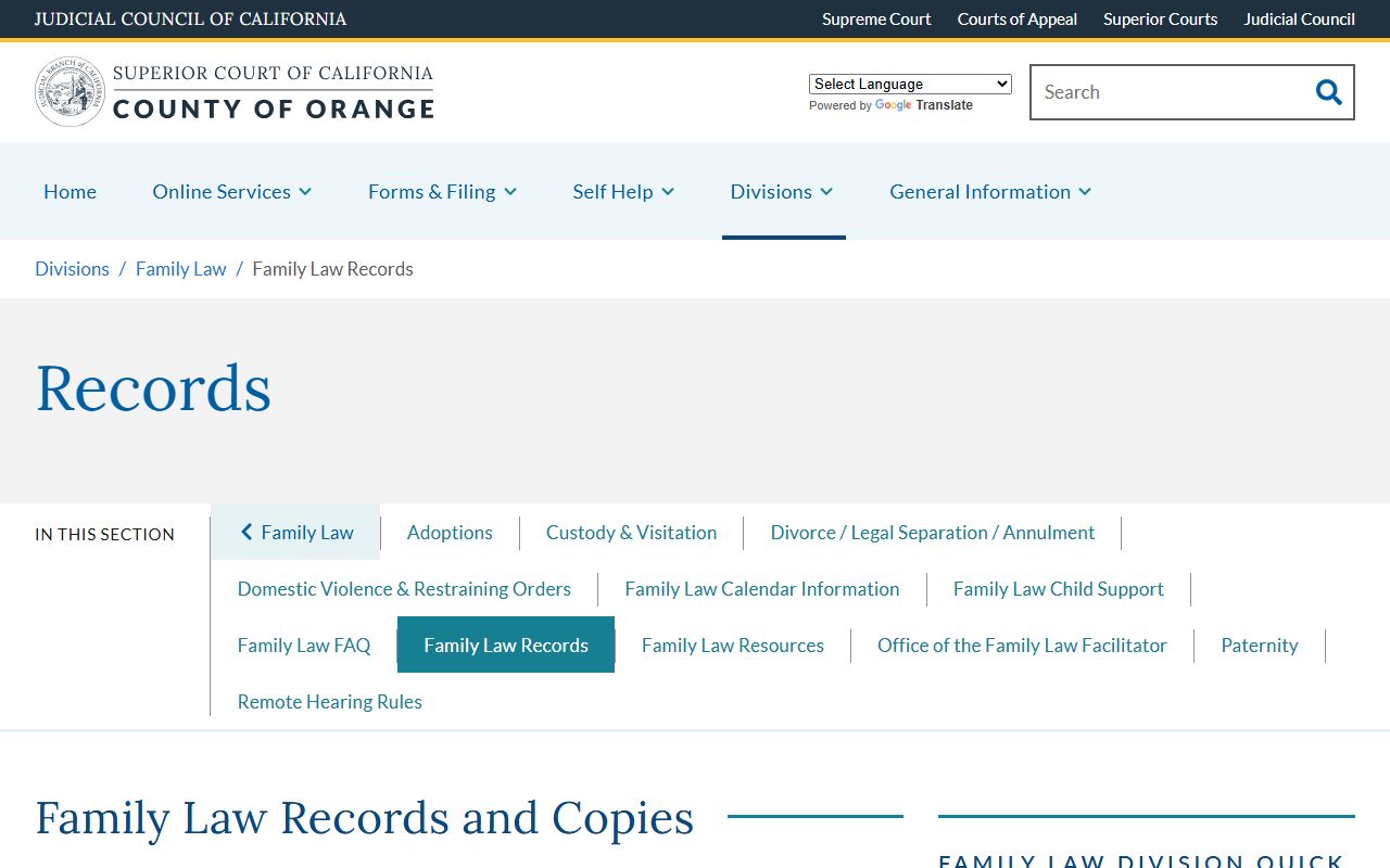 Orange County Superior Court family law records information
