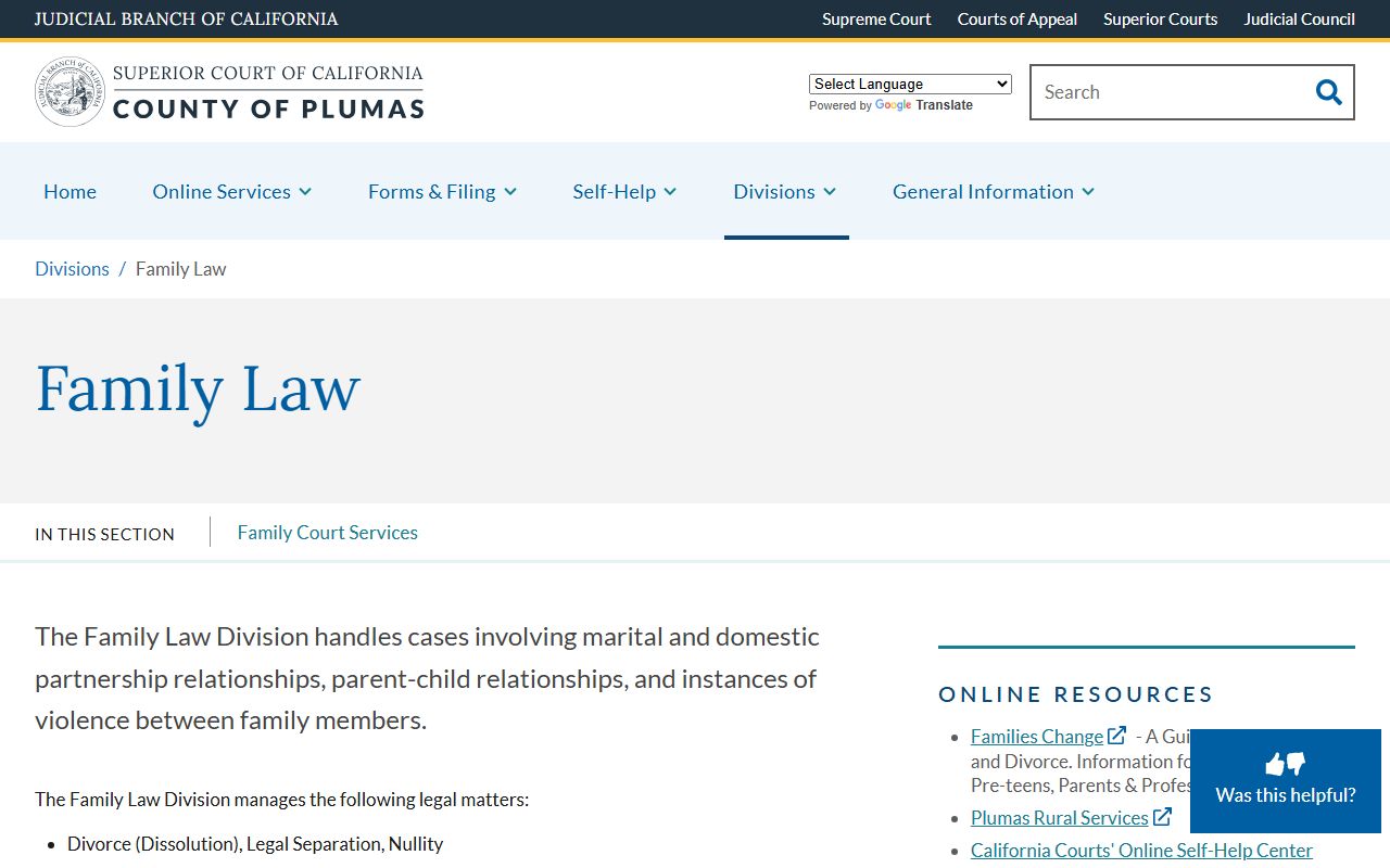 Plumas County Superior Court family law division website