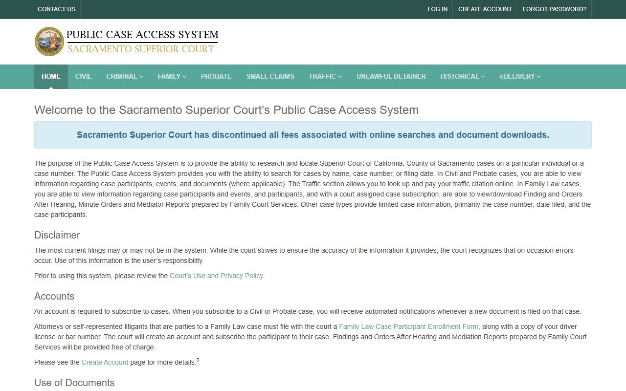 Sacramento County Superior Court free case access portal