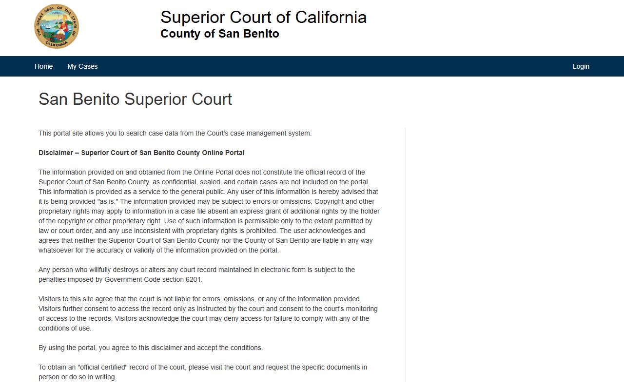 San Benito County Superior Court case portal