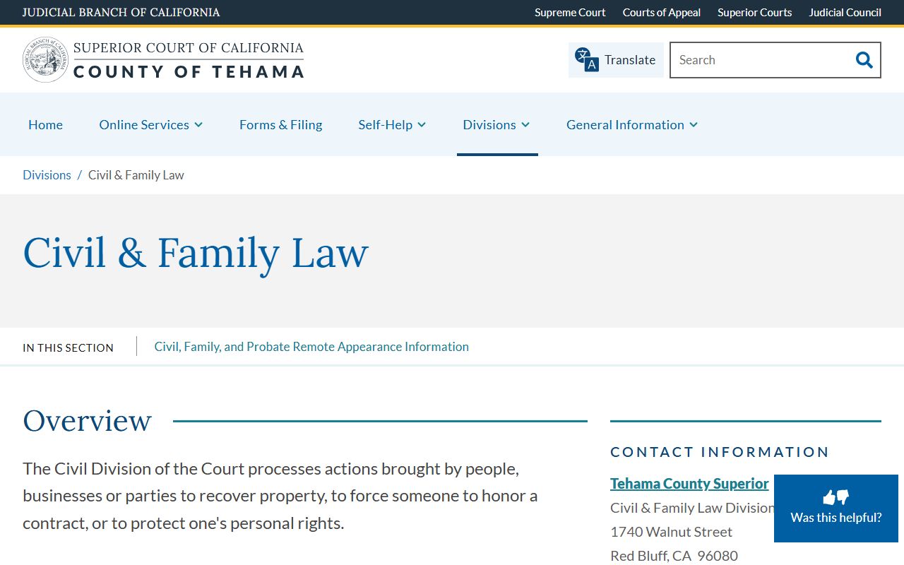 Tehama County Superior Court civil and family law division website
