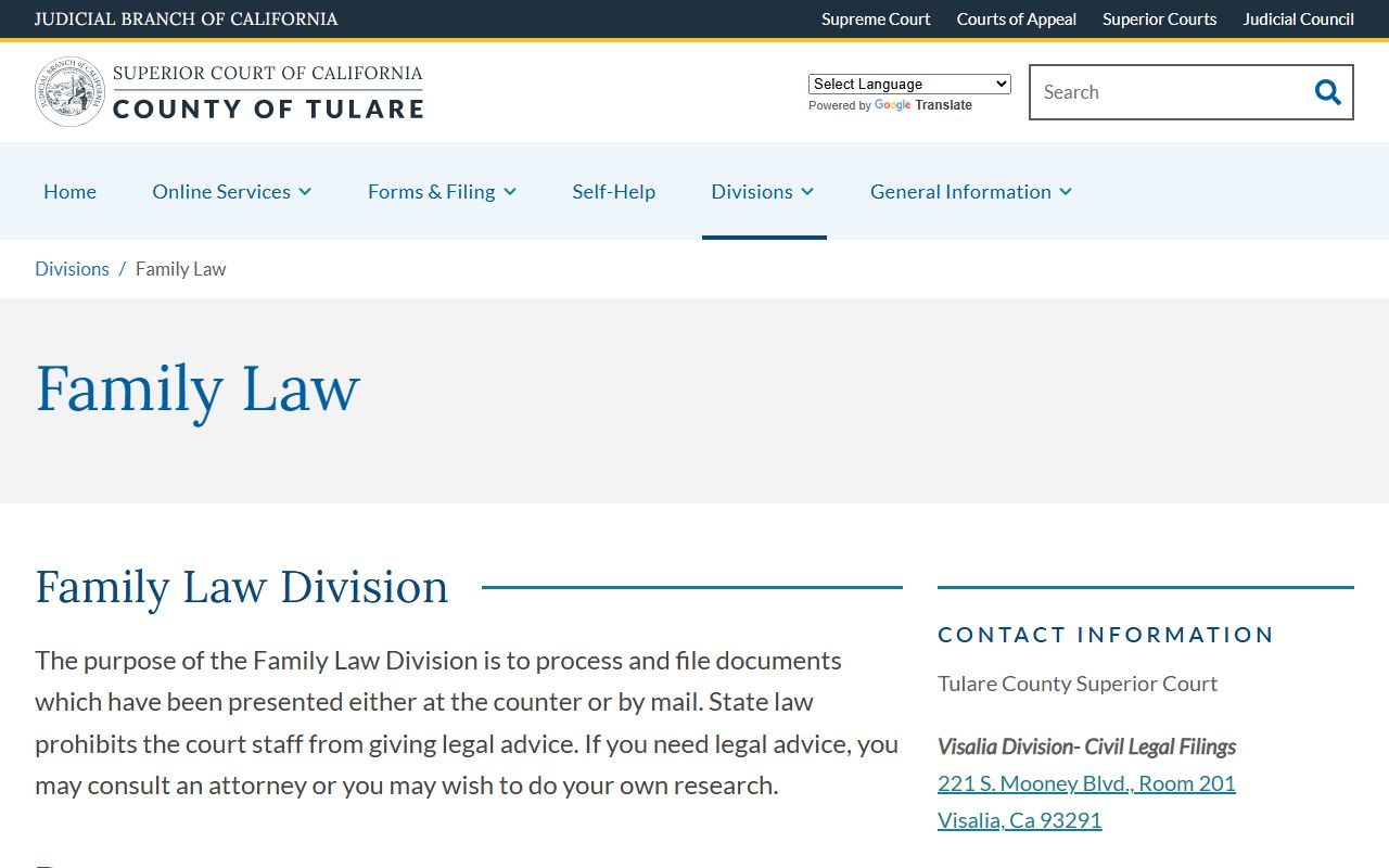 Tulare County Superior Court family law division website