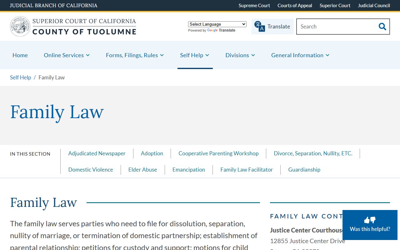 Tuolumne County Superior Court family law self-help website