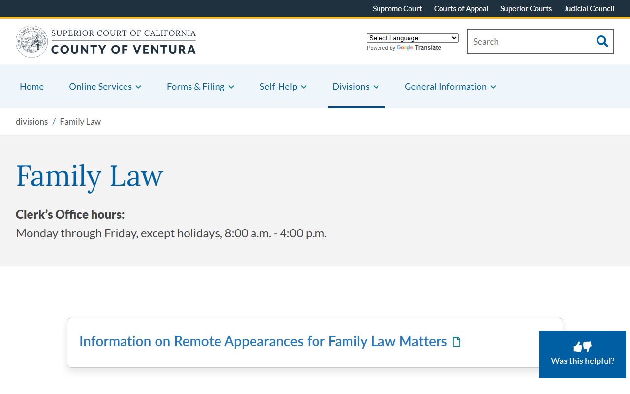 Ventura County Superior Court family law division website