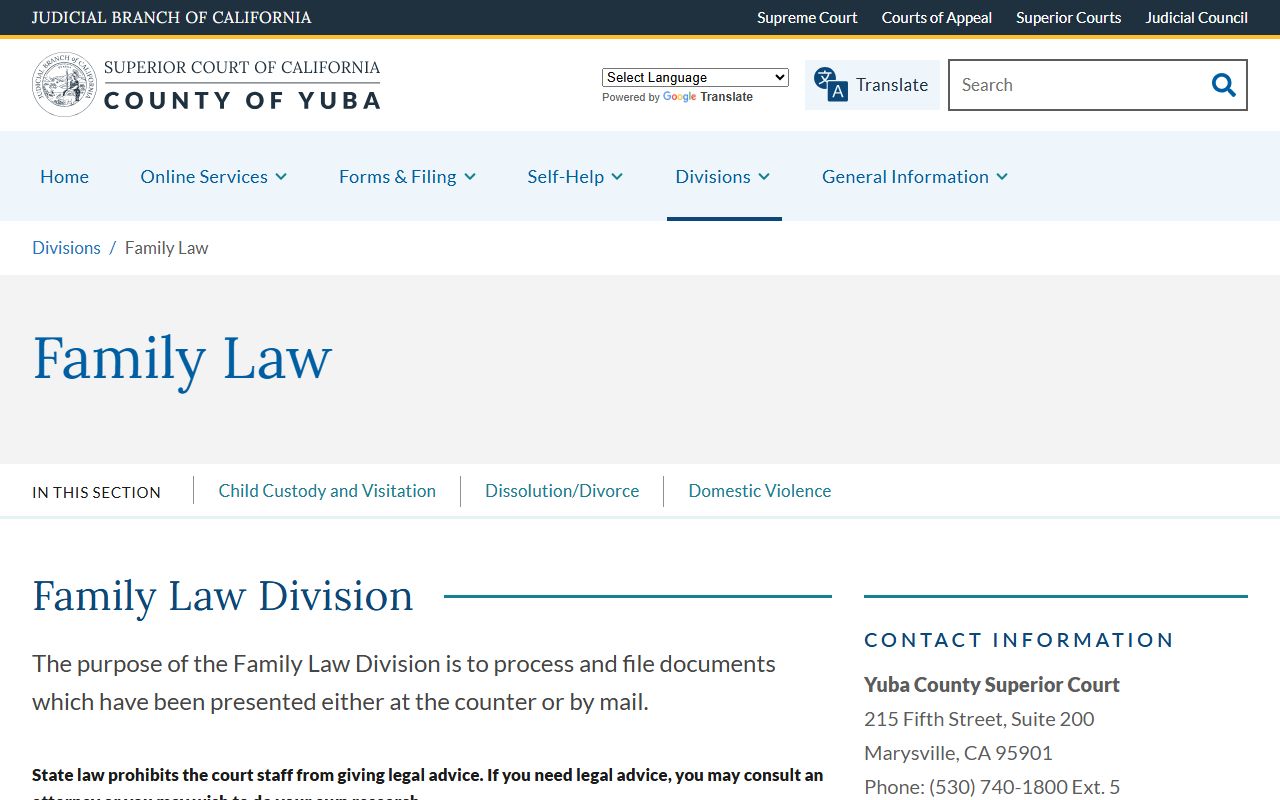 Yuba County Superior Court family law division website