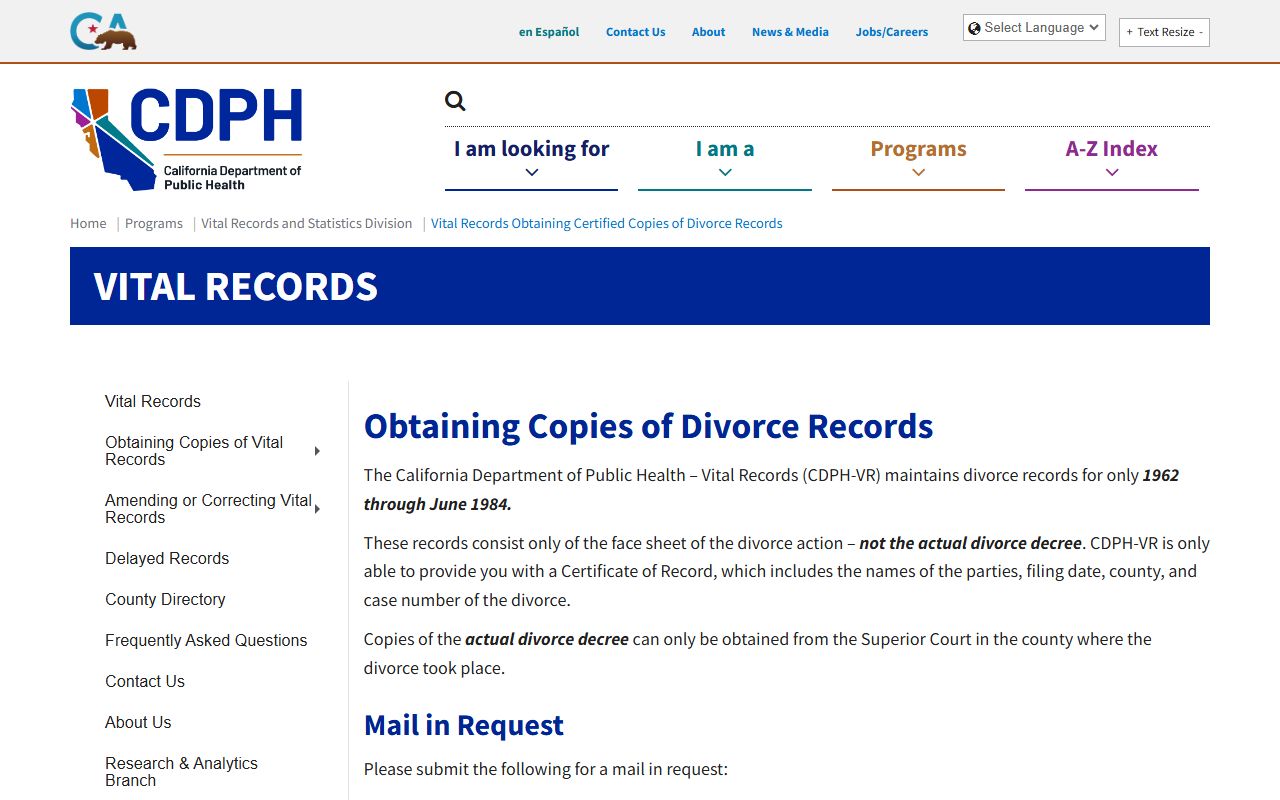 California Department of Public Health divorce records information page