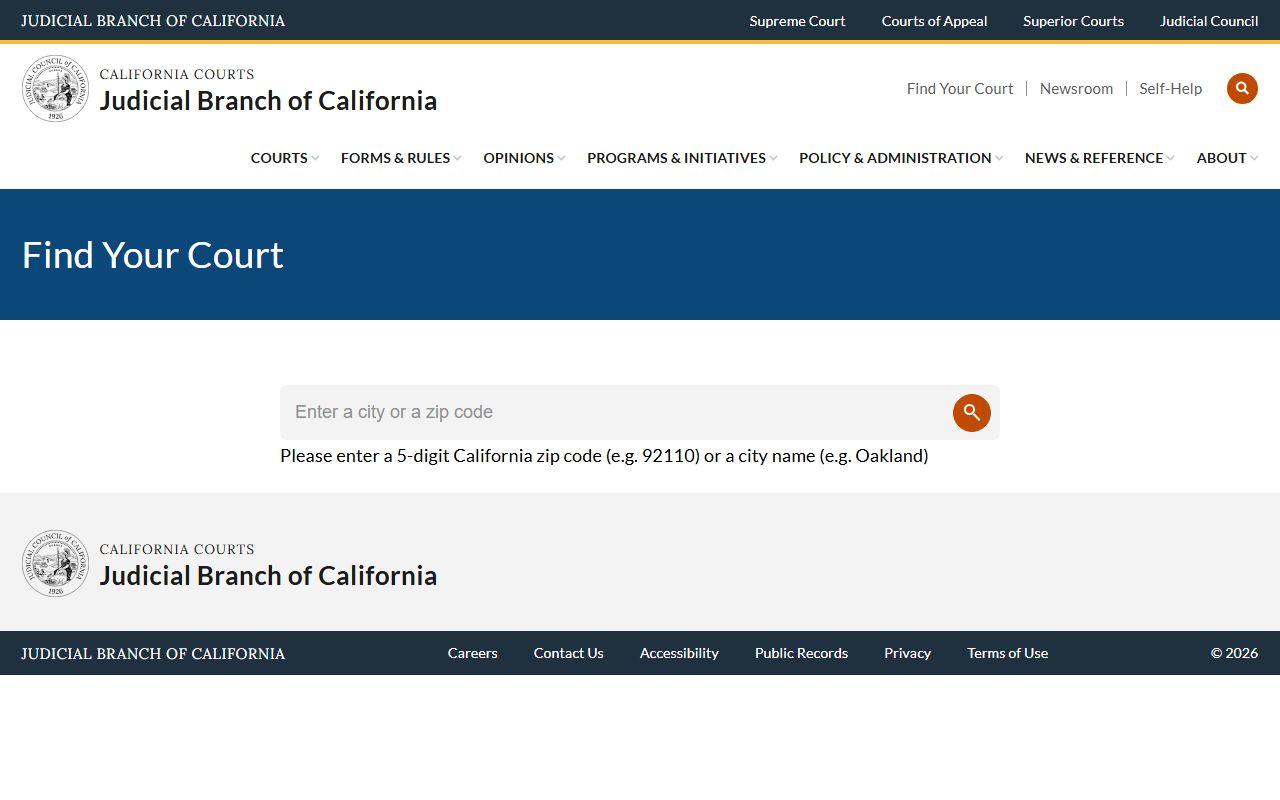 California Courts case finder tool showing county court locations