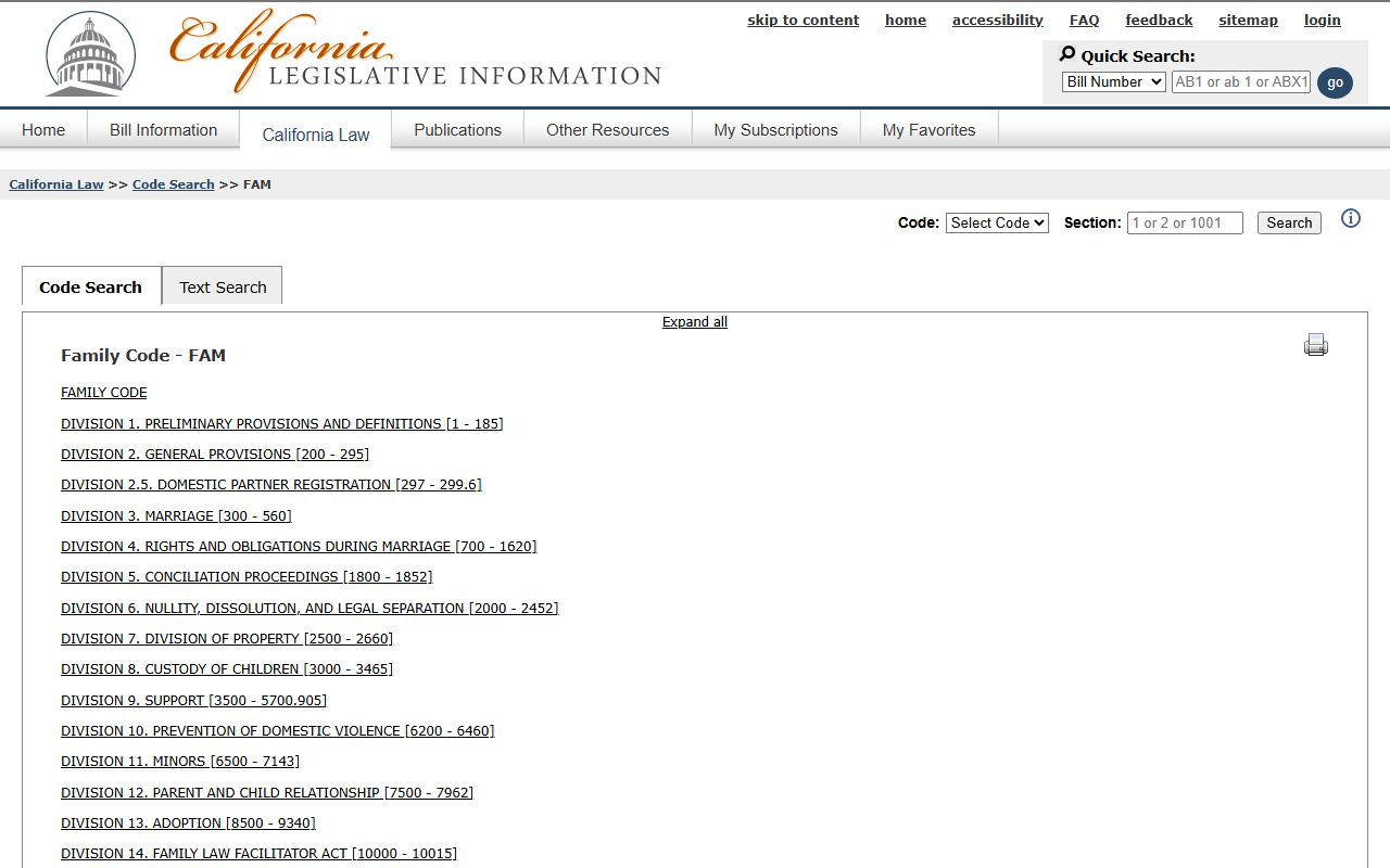 California Family Code statutes database showing family law sections