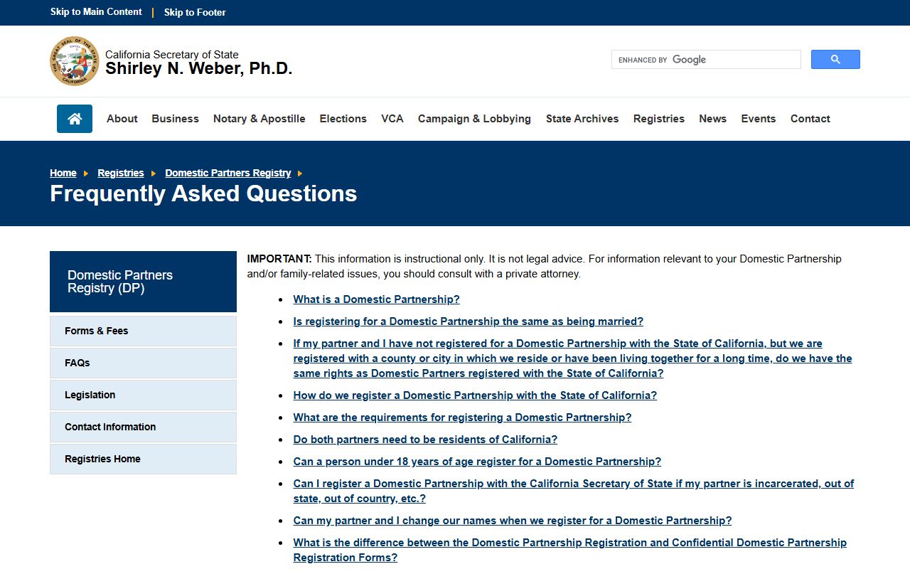 California Secretary of State domestic partnership registry FAQ page
